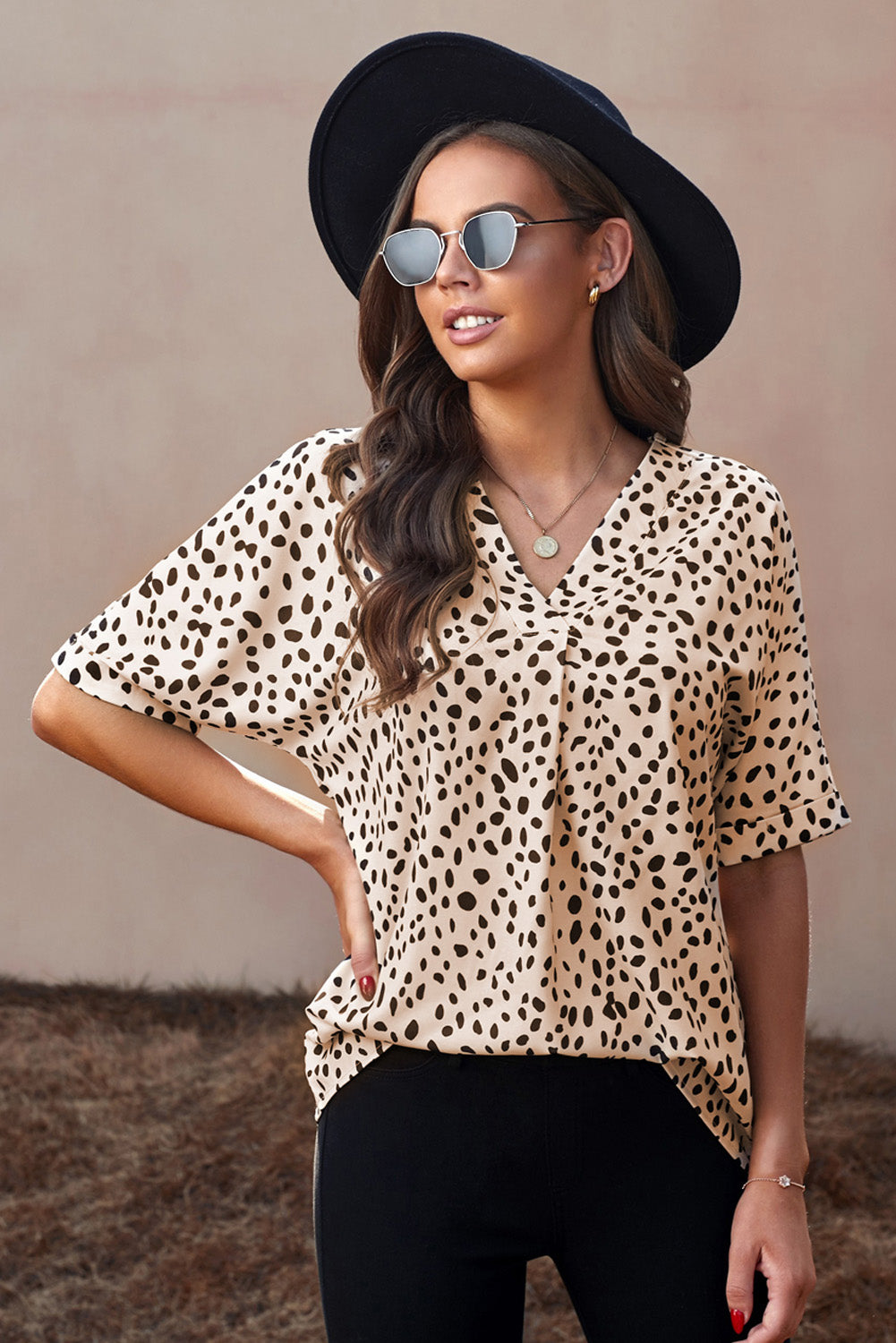 Women's Top with V-neck Rolled Sleeve Tunic Women's Brown Chloe Animal Print