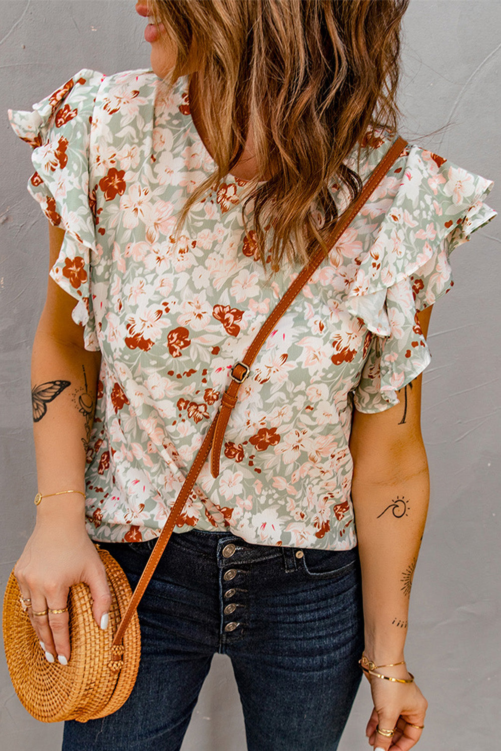 Women's Ruffle-Trimmed Short-Sleeve Green Floral-Print Blouse