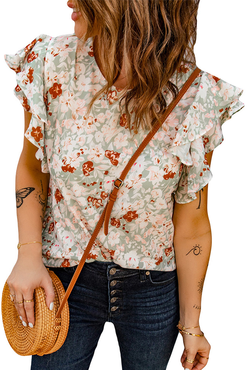 Women's Ruffle-Trimmed Short-Sleeve Green Floral-Print Blouse