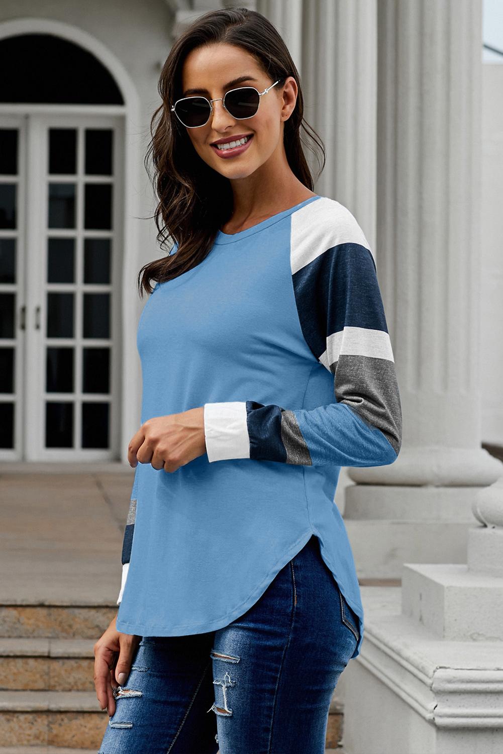 Women's Top Featuring Blue Pullover Womens Color-Block Long Sleeves