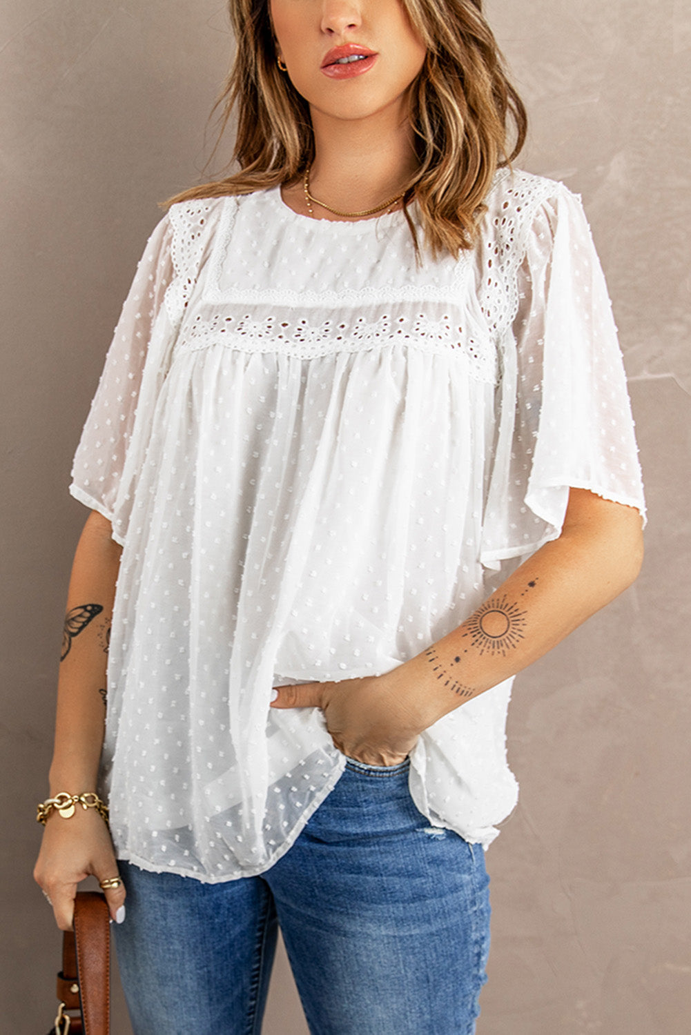 Women's Babydoll Top with Chic White Flutter Sleeves Semi-Sheer Textured