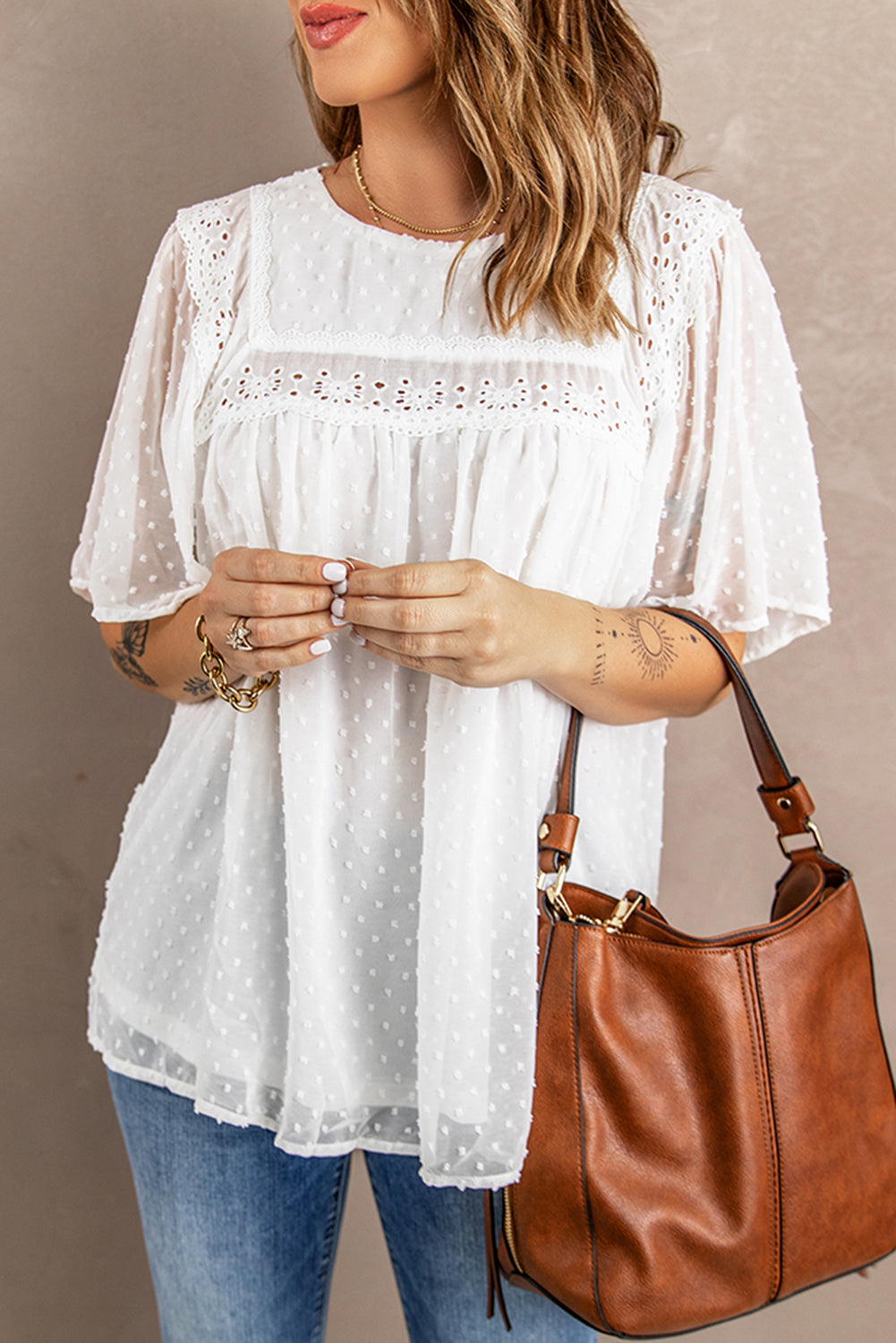 Women's Babydoll Top with Chic White Flutter Sleeves Semi-Sheer Textured
