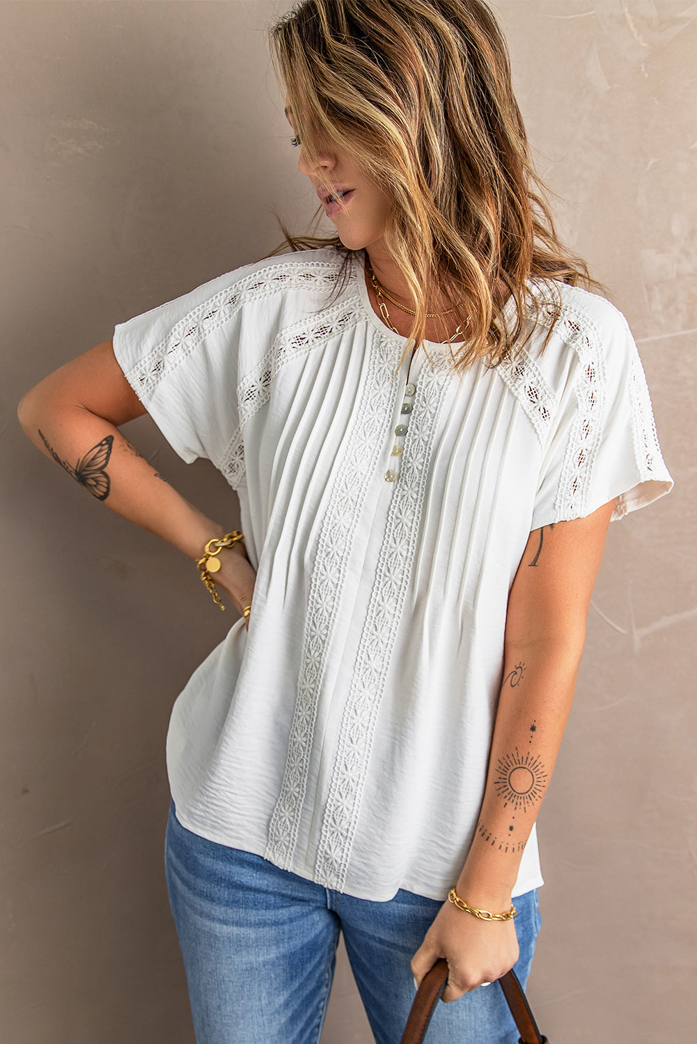 Women's Chic White Crochet Eyelet Short Sleeves Blouse Top