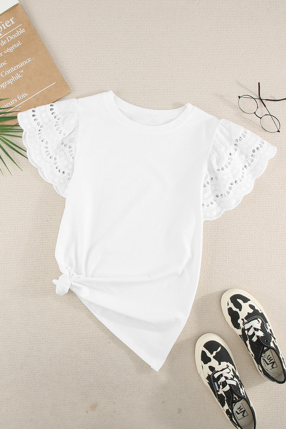 Women's T-shirt with Short-Sleeve White Ruffle-Trimmed
