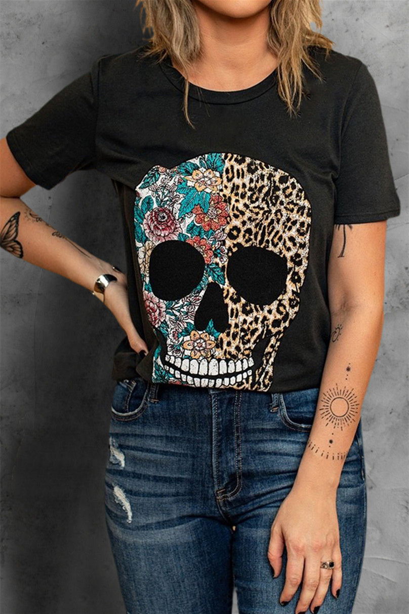Women's Tee with Leopard-Print & Floral-Print Skull