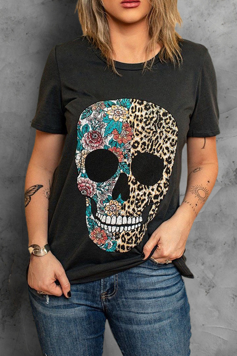 Women's Tee with Leopard-Print & Floral-Print Skull