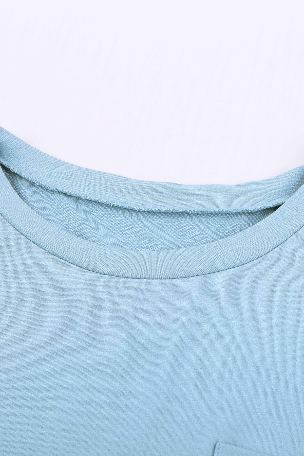 Women's Tee with Side Slits Short-Sleeve Sky Blue Knitted Pocket-Detail