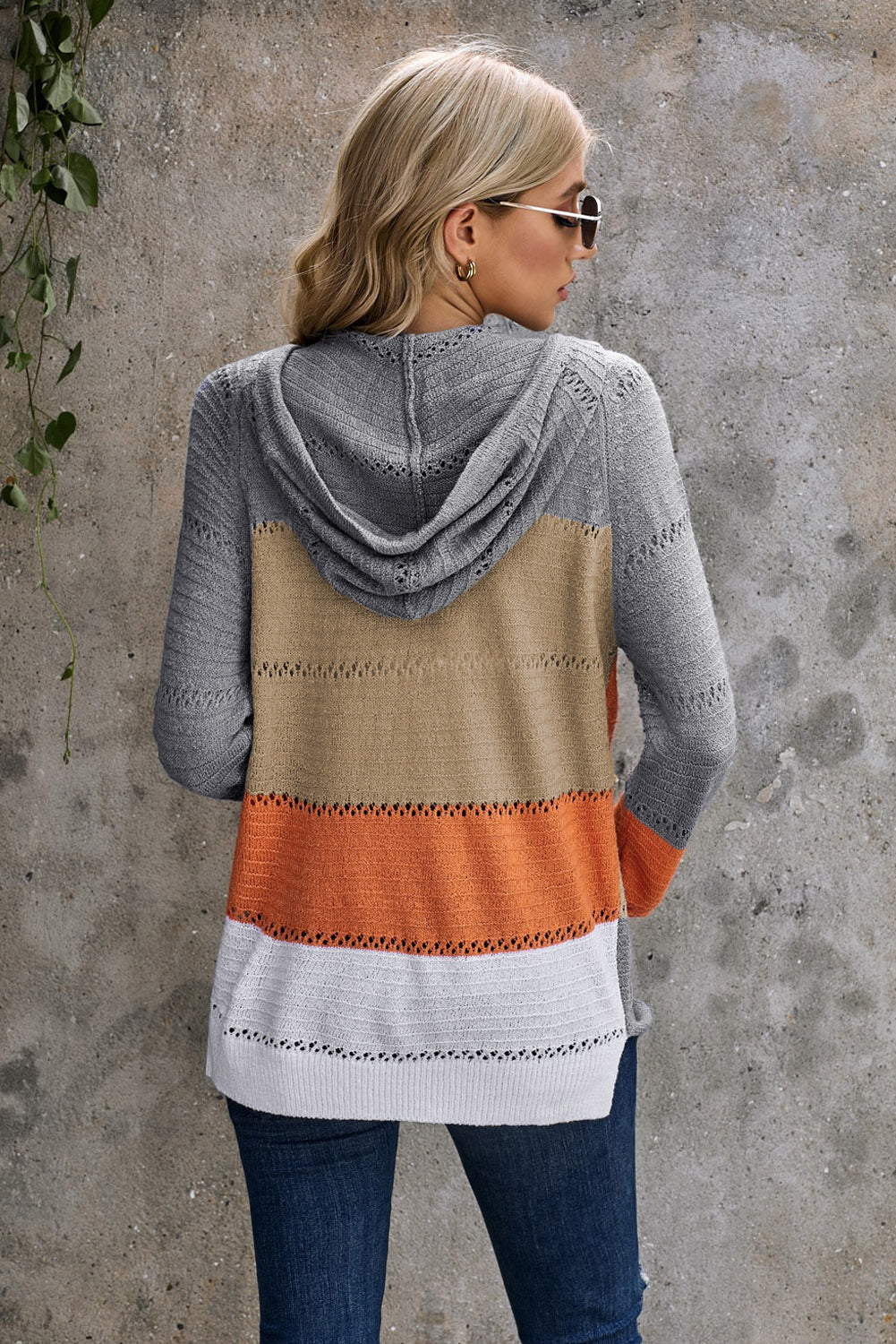 Women's Hoodie Featuring Hollow-out Knitted Womens Zipped Front Gray Color-Block