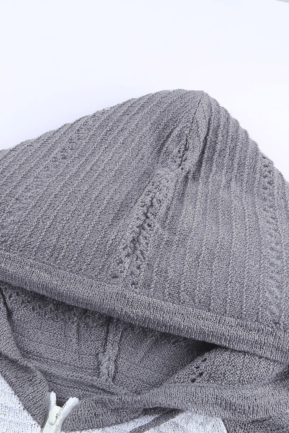 Women's Hoodie Featuring Hollow-out Knitted Womens Zipped Front Gray Color-Block