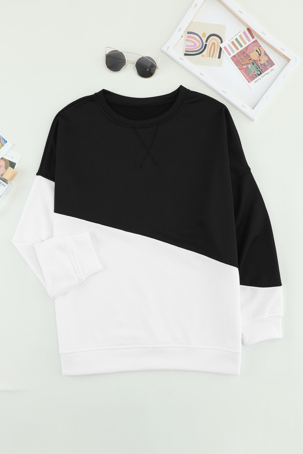 Women's Sleeve Black White Patchwork Dropped Shoulder Sweatshirt