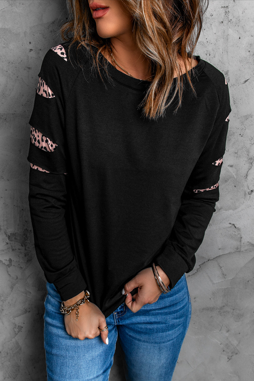 Sweatshirt for Women Black Womens Leopard-Print Insert Long-Sleeve