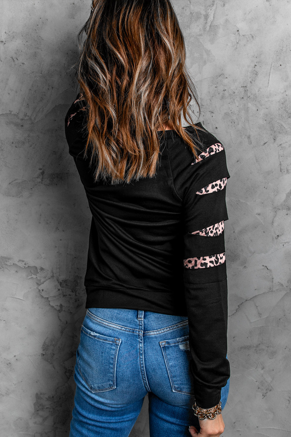 Sweatshirt for Women Black Womens Leopard-Print Insert Long-Sleeve