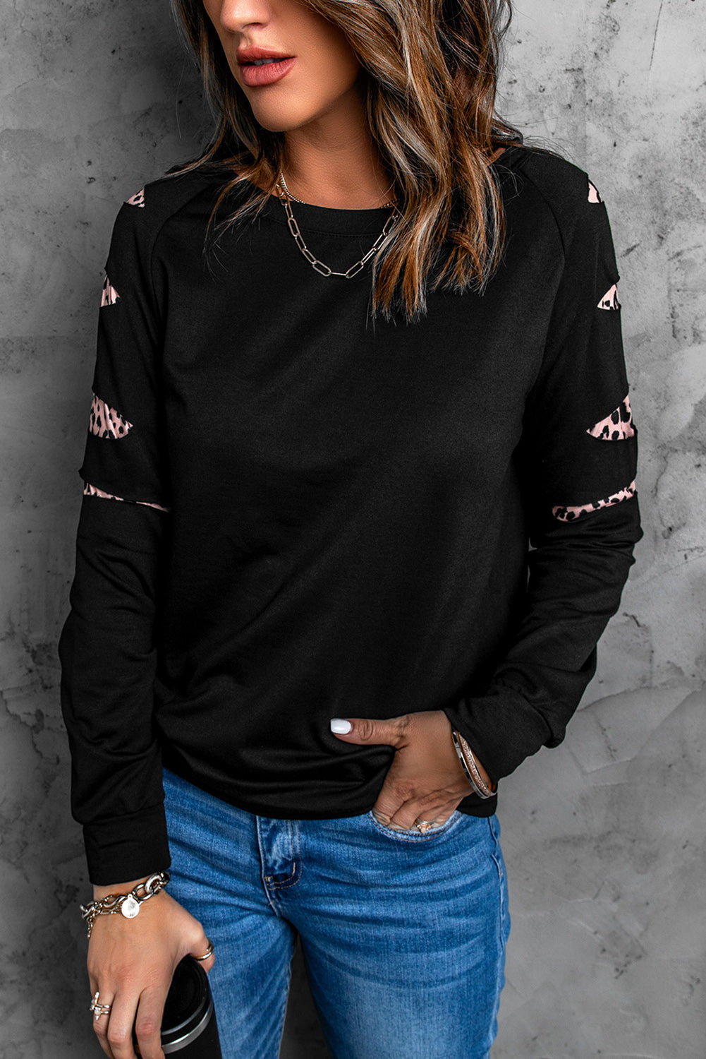 Sweatshirt for Women Black Womens Leopard-Print Insert Long-Sleeve
