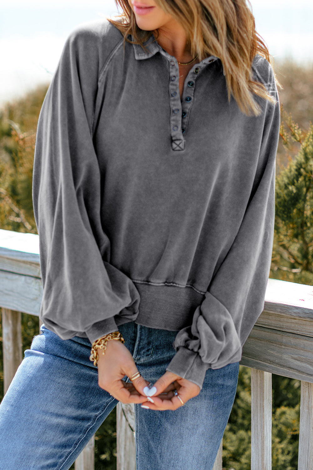 Pullover Sweatshirt for Women Gray Lantern Sleeve