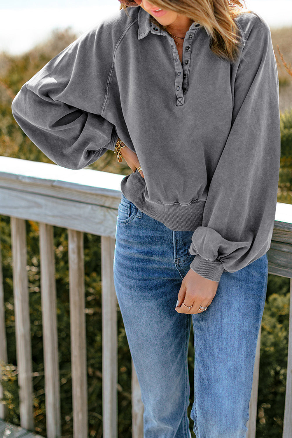 Pullover Sweatshirt for Women Gray Lantern Sleeve