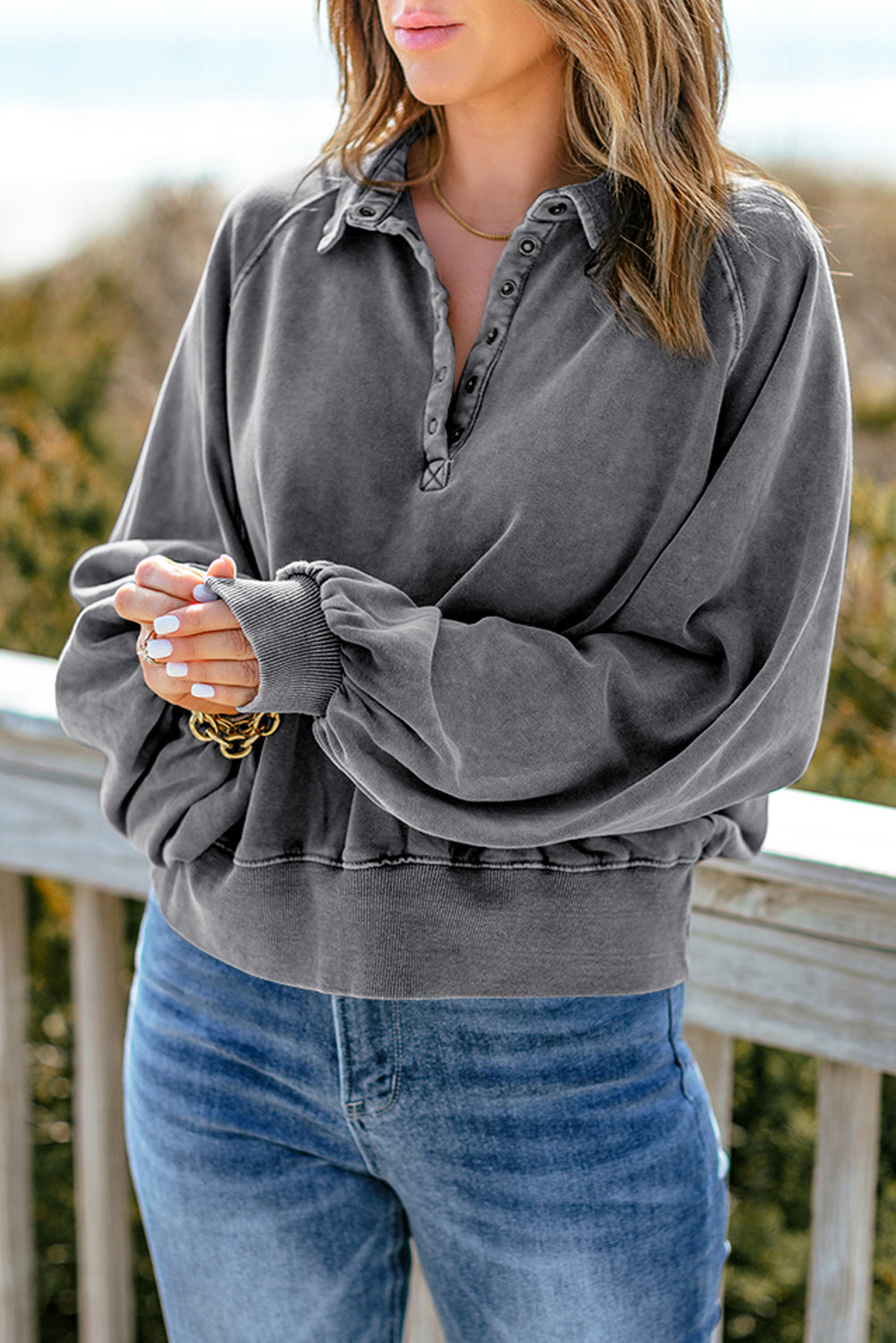 Pullover Sweatshirt for Women Gray Lantern Sleeve