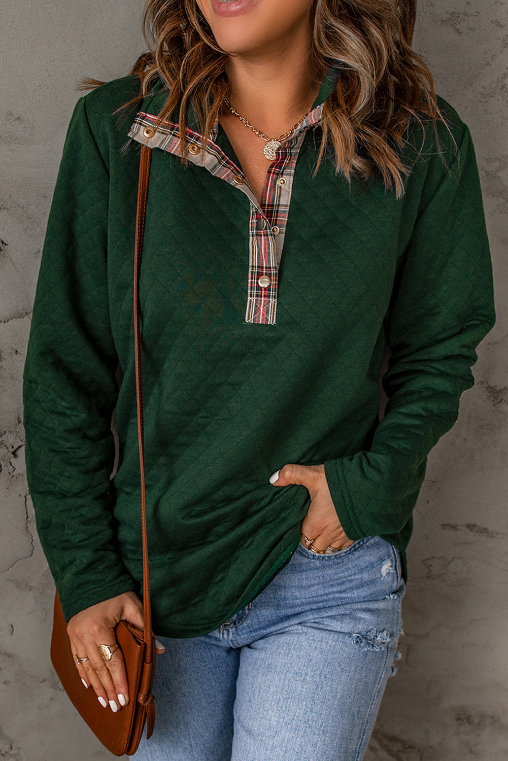 Women's Plaid Trim Geometric Texture Sweatshirt