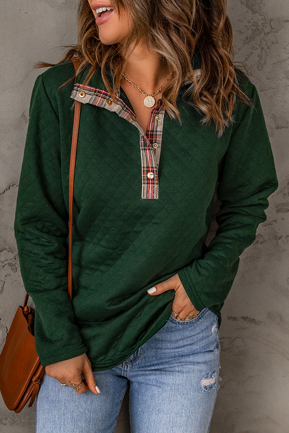 Women's Plaid Trim Geometric Texture Sweatshirt