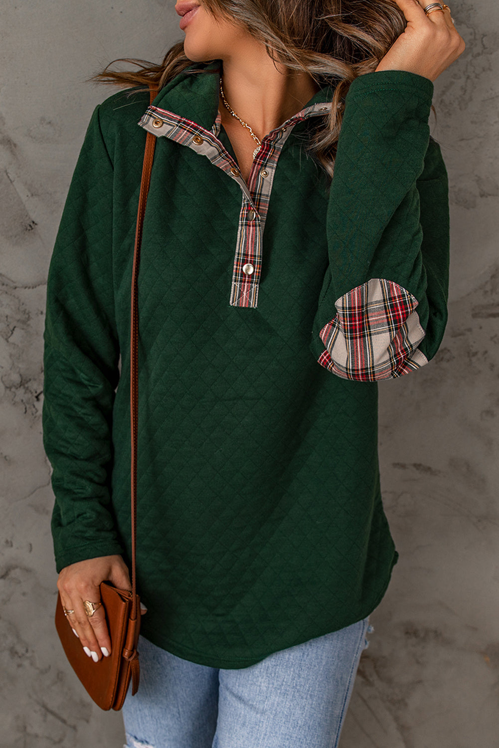 Women's Plaid Trim Geometric Texture Sweatshirt