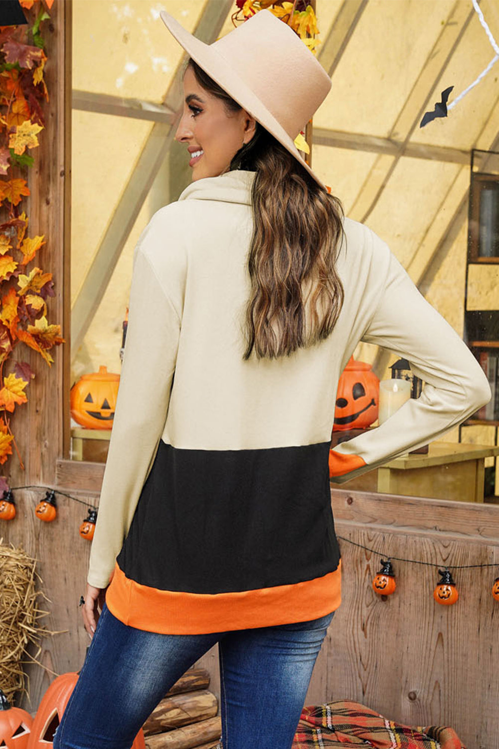 Sweatshirt for Women Color-Block Halloween Cowl Neck Pumpkin Print