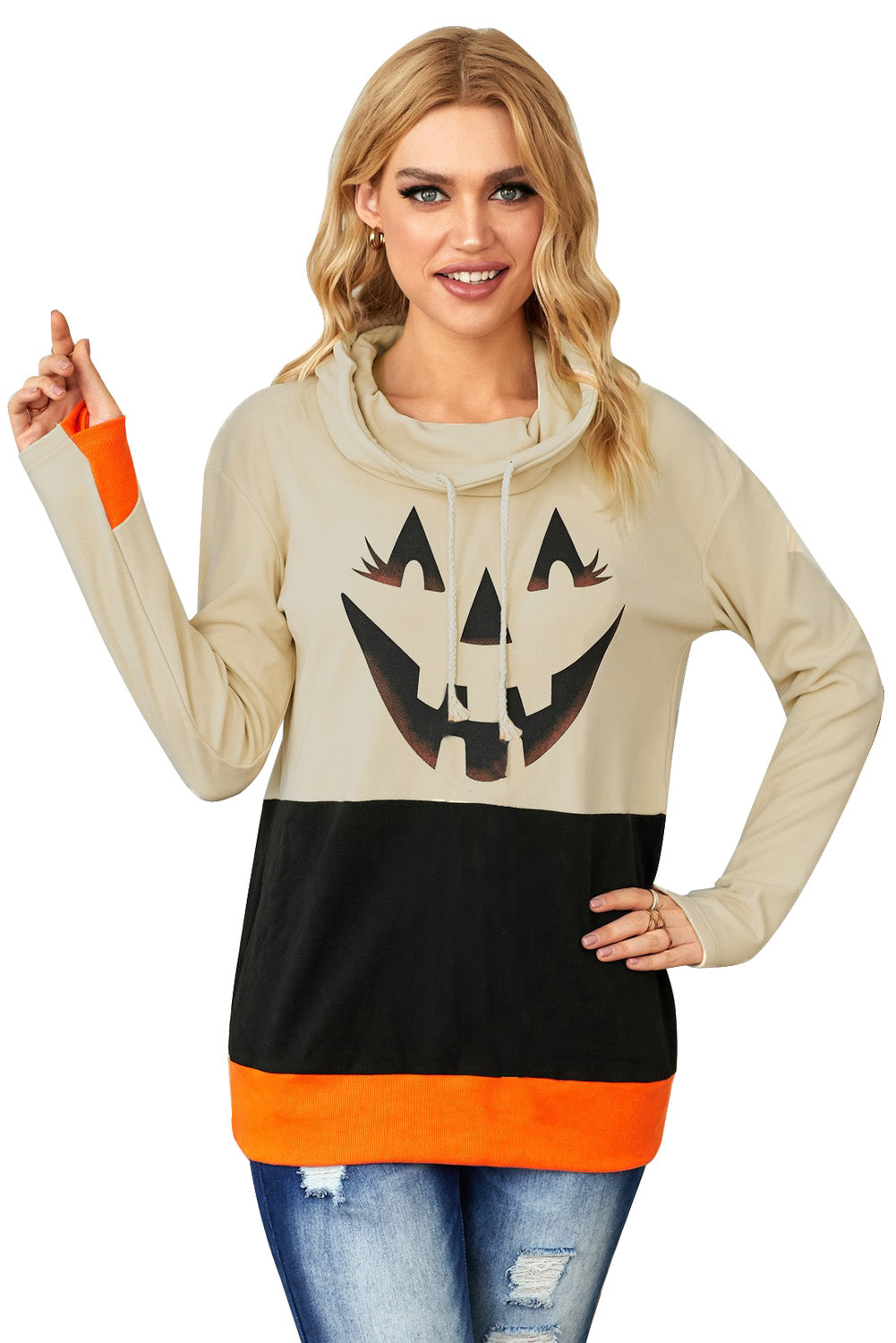 Sweatshirt for Women Color-Block Halloween Cute Black Cowl Neck Pumpkin Print