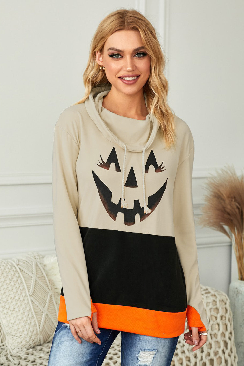 Sweatshirt for Women Color-Block Halloween Cute Black Cowl Neck Pumpkin Print
