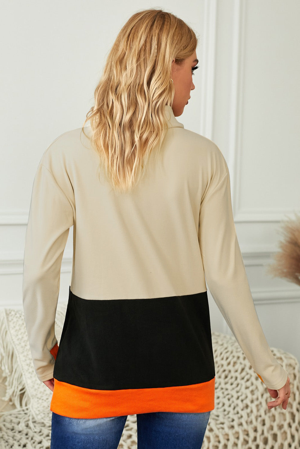 Sweatshirt for Women Color-Block Halloween Cute Black Cowl Neck Pumpkin Print