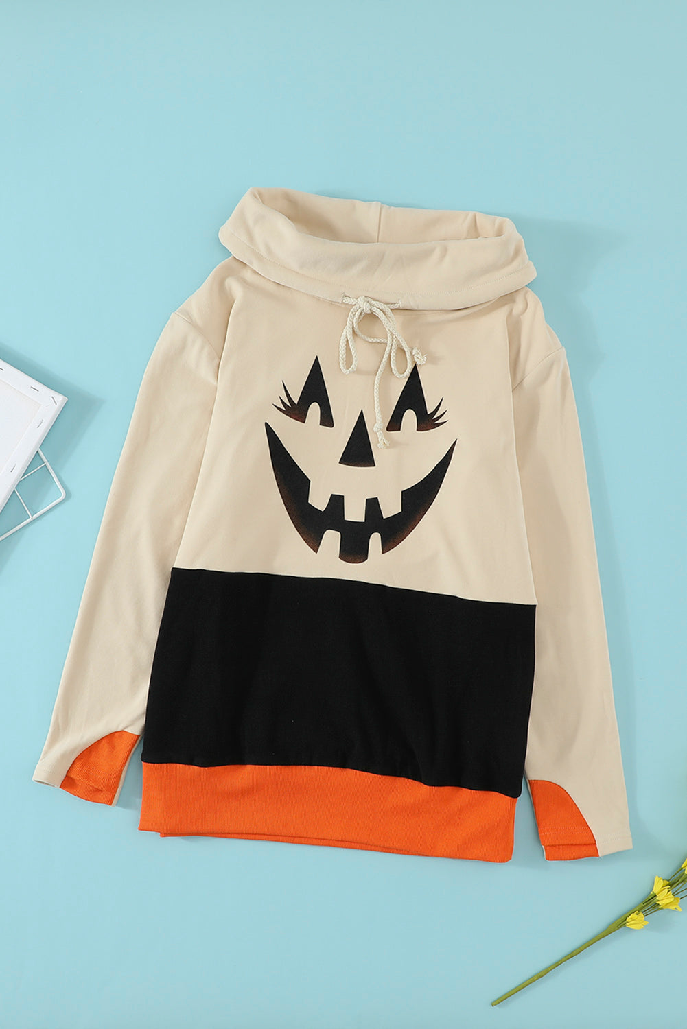 Sweatshirt for Women Color-Block Halloween Cute Black Cowl Neck Pumpkin Print