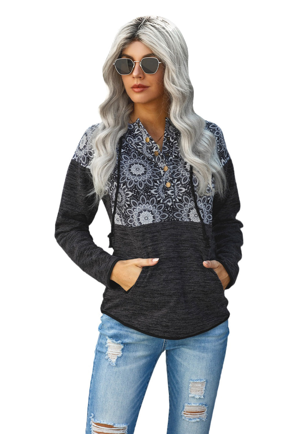 Women's Hoodie Featuring Everyday Black Tribal Print Vintage Pocket