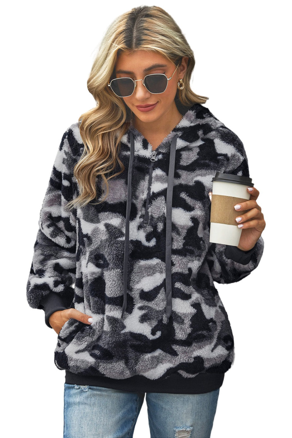 Women's Hoodie with Winter Women's Gray Camouflage-Print Warm Furry Pullover