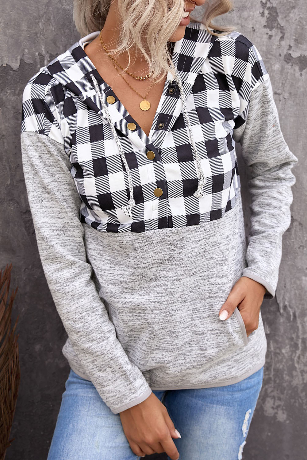 Hoodie for Women Gray Black Plaid
