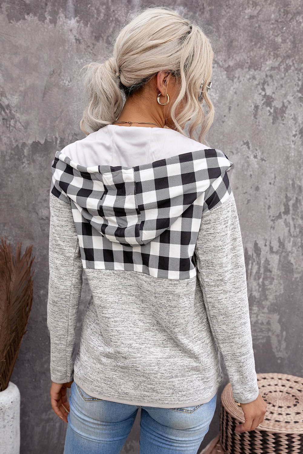 Hoodie for Women Gray Black Plaid