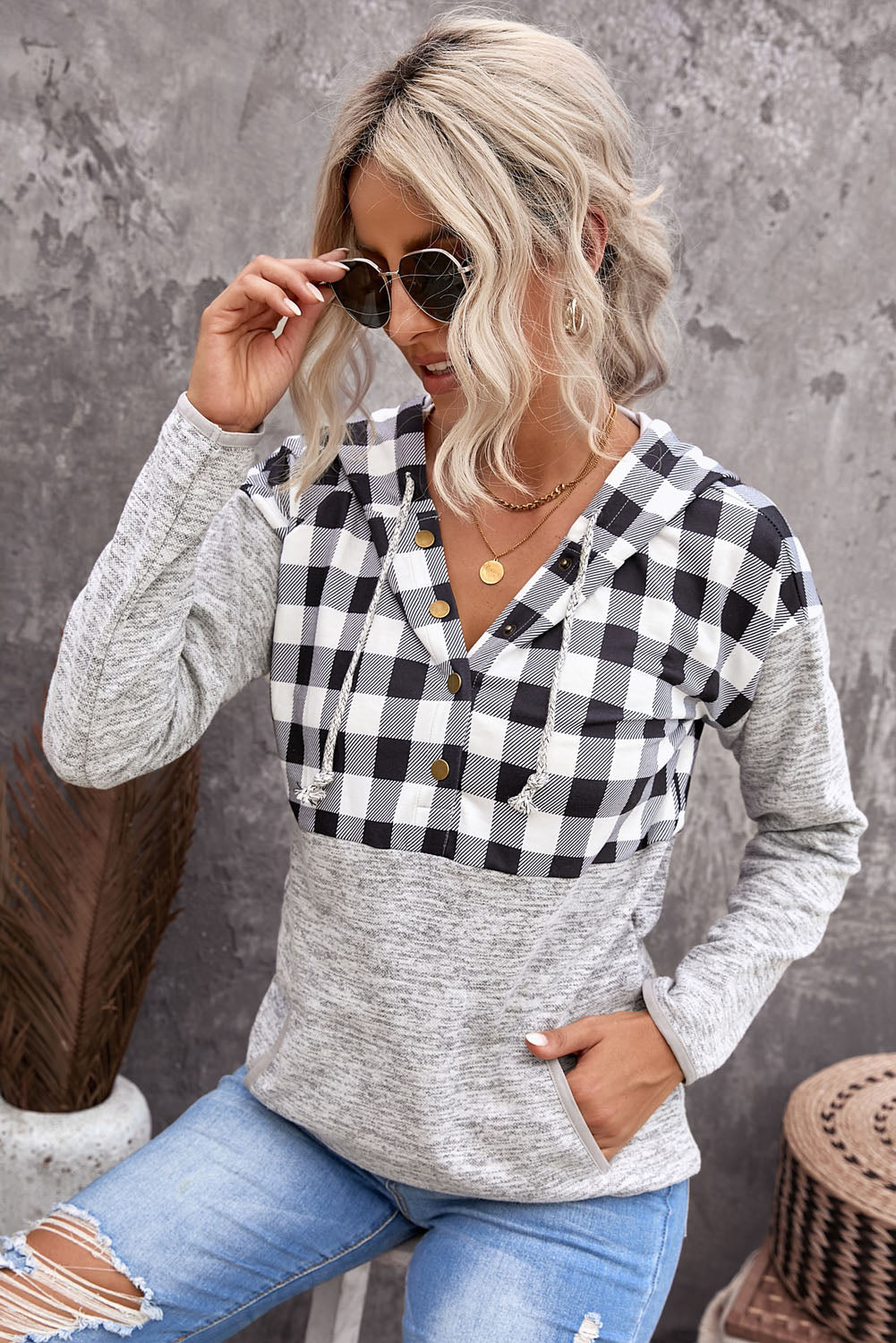 Hoodie for Women Gray Black Plaid