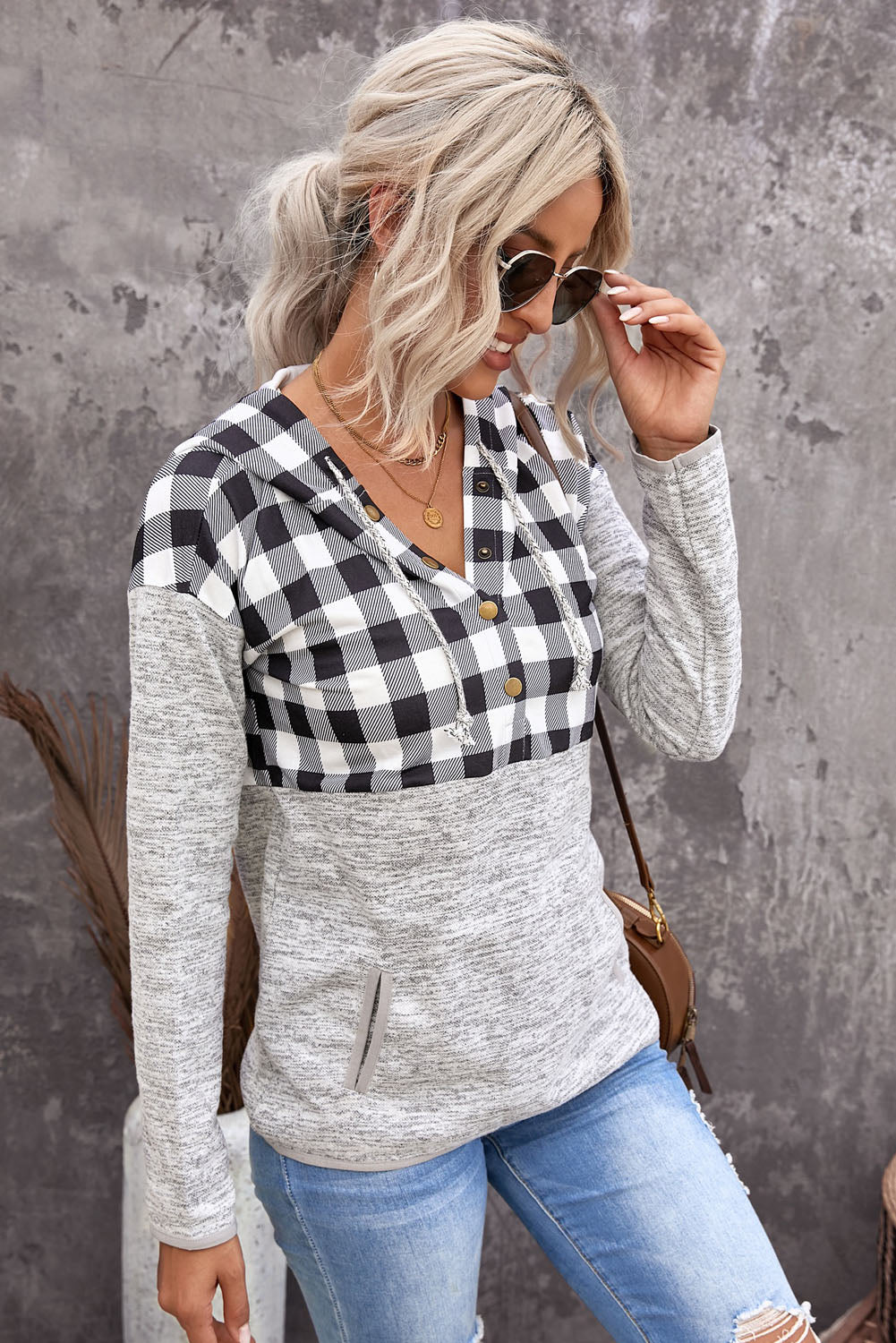Hoodie for Women Gray Black Plaid