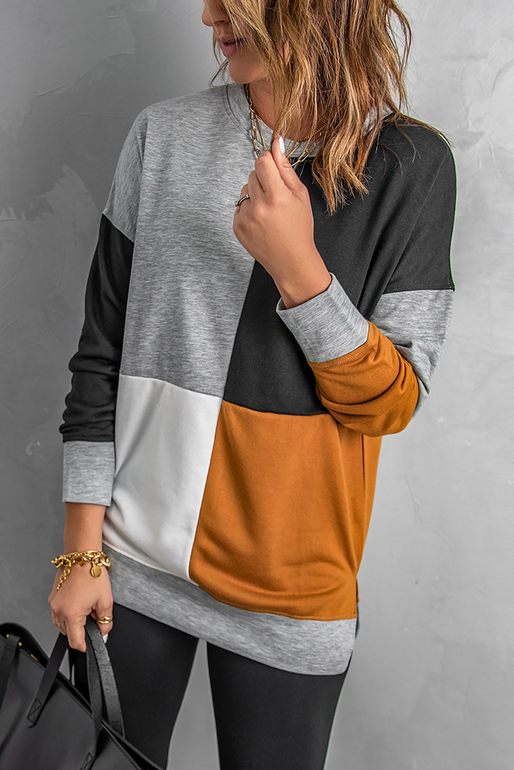 Pullover Sweatshirt for Women Women's Gray Color-Block Round Neck Long Sleeves