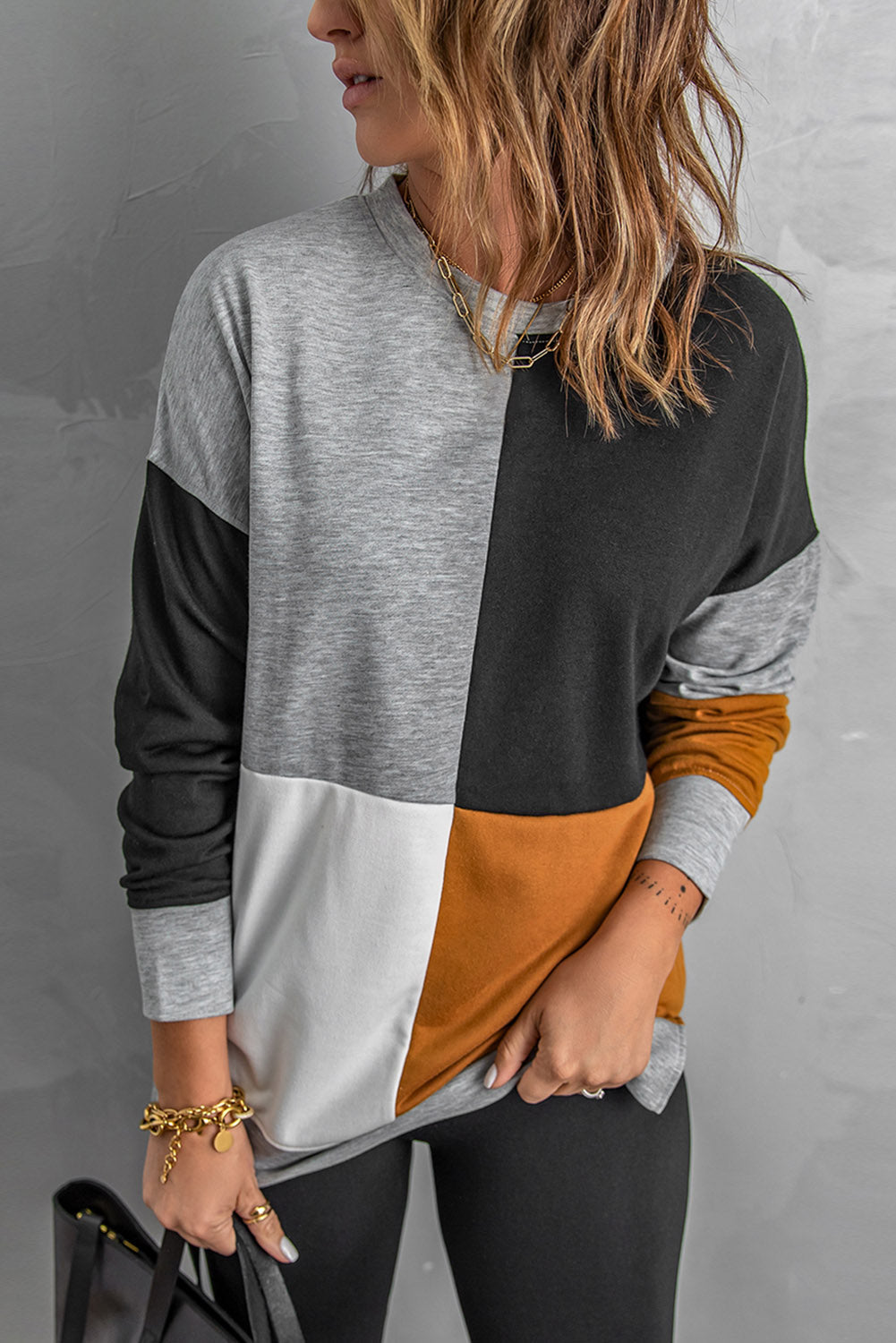 Pullover Sweatshirt for Women Women's Gray Color-Block Round Neck Long Sleeves