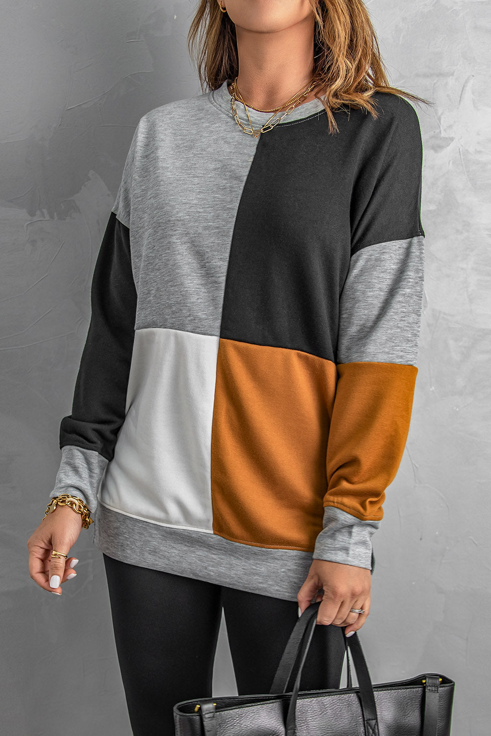 Pullover Sweatshirt for Women Women's Gray Color-Block Round Neck Long Sleeves