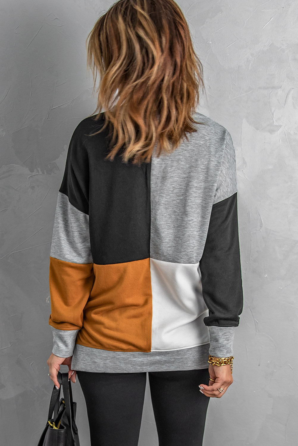 Pullover Sweatshirt for Women Women's Gray Color-Block Round Neck Long Sleeves