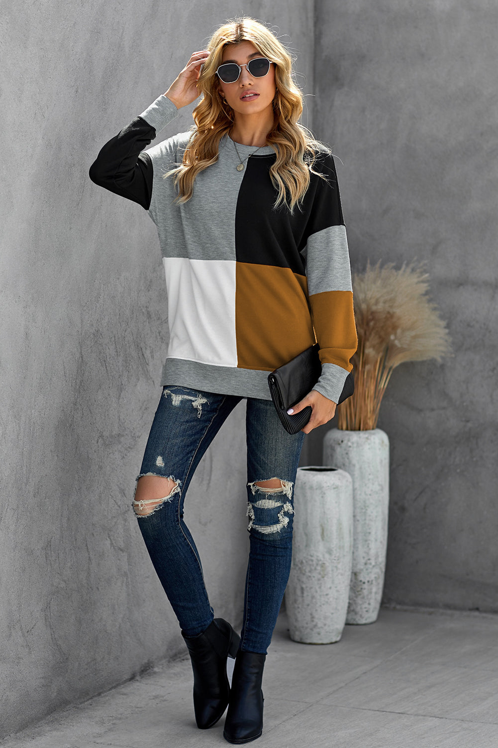Pullover Sweatshirt for Women Women's Gray Color-Block Round Neck Long Sleeves