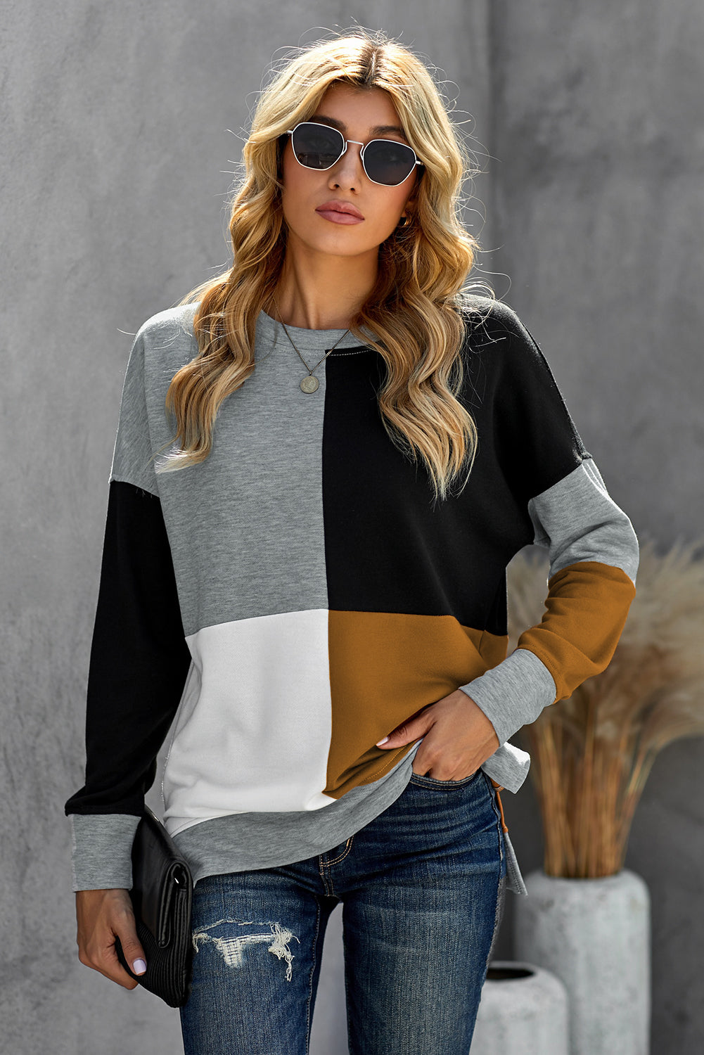 Pullover Sweatshirt for Women Women's Gray Color-Block Round Neck Long Sleeves