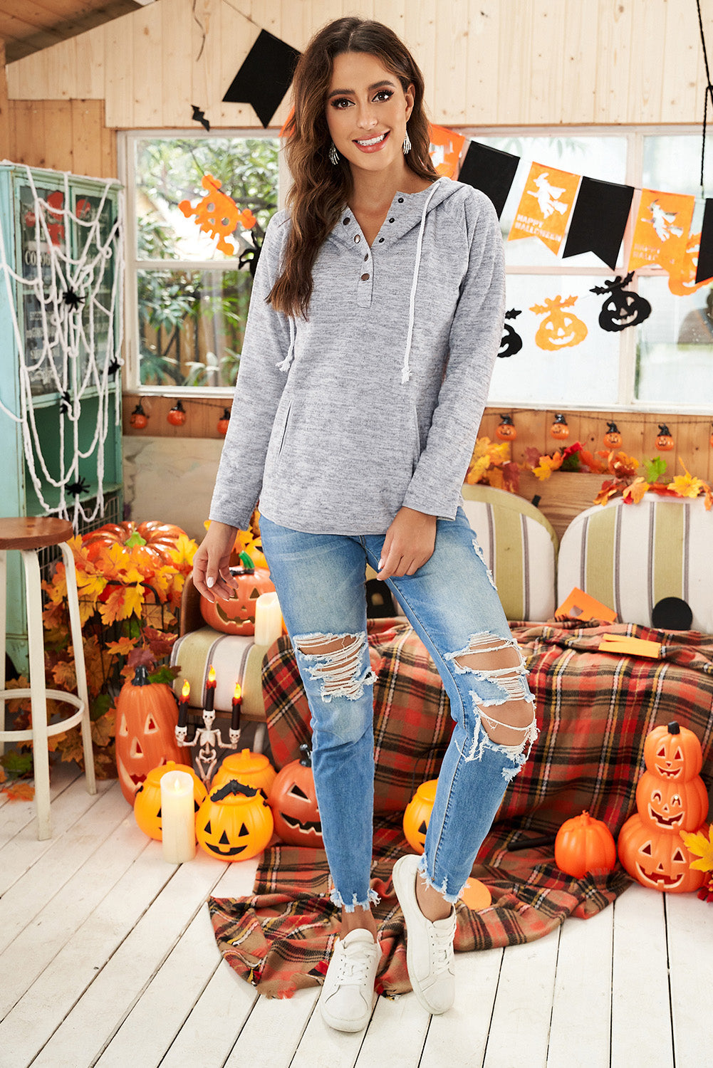 Hoodie for Women Everyday Women's Gray Pocket Design Button-Front