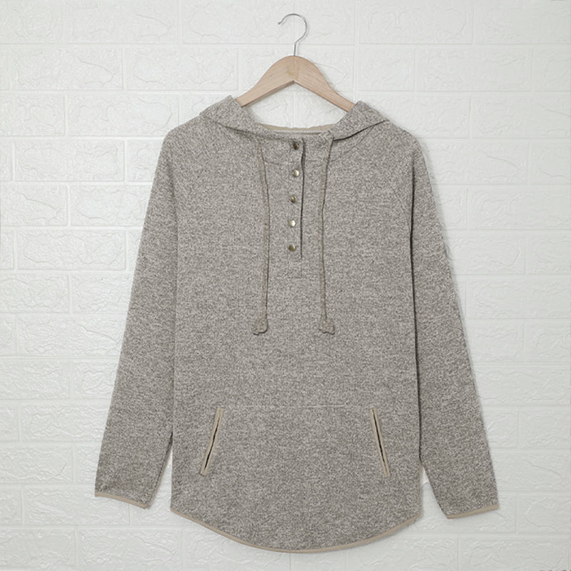Women's Hoodie Featuring Pullover Women's Brown Heathered Print Button Snap Neck