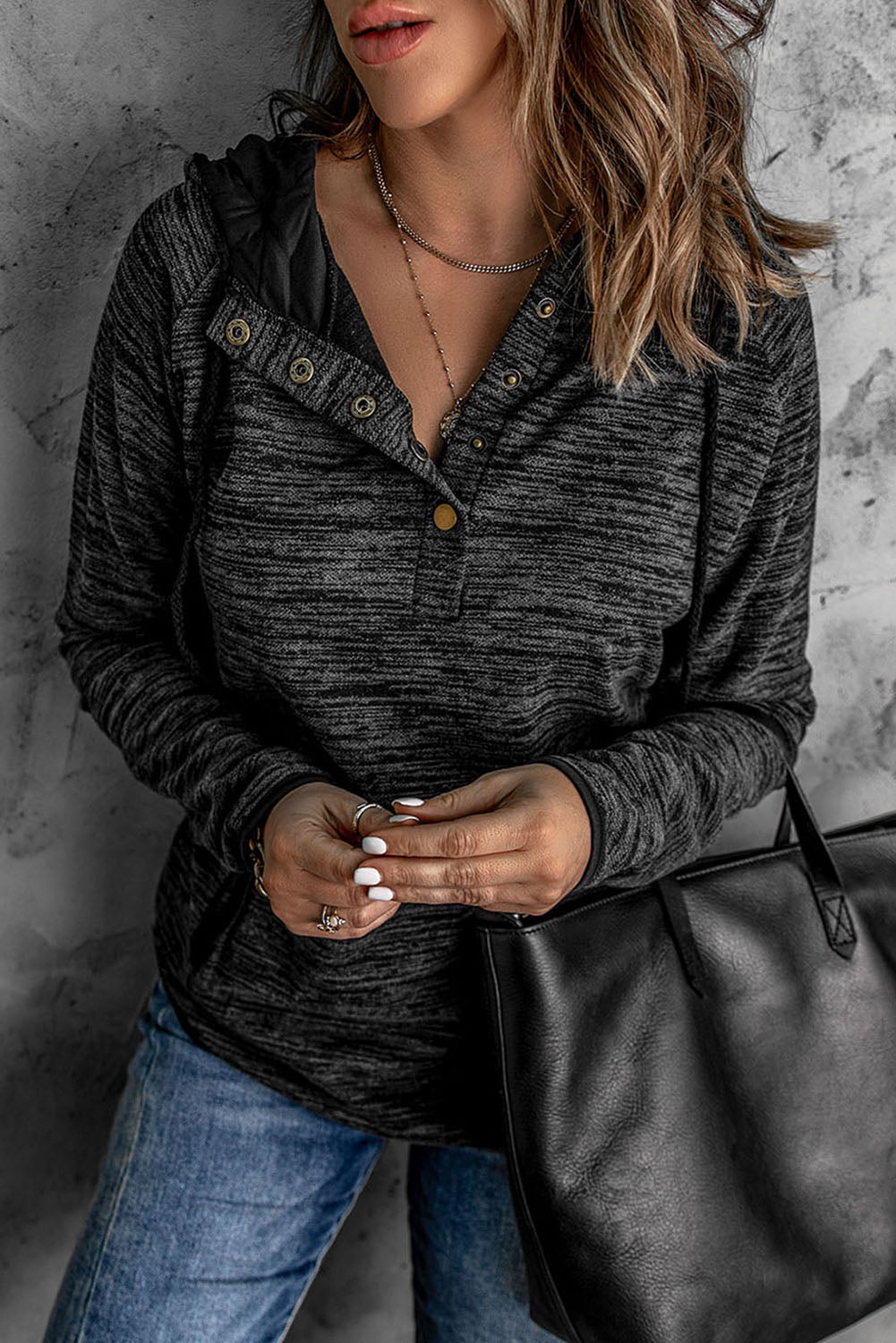 Women's Hoodie with Pullover Women's Black Heathered Print Button Snap Neck
