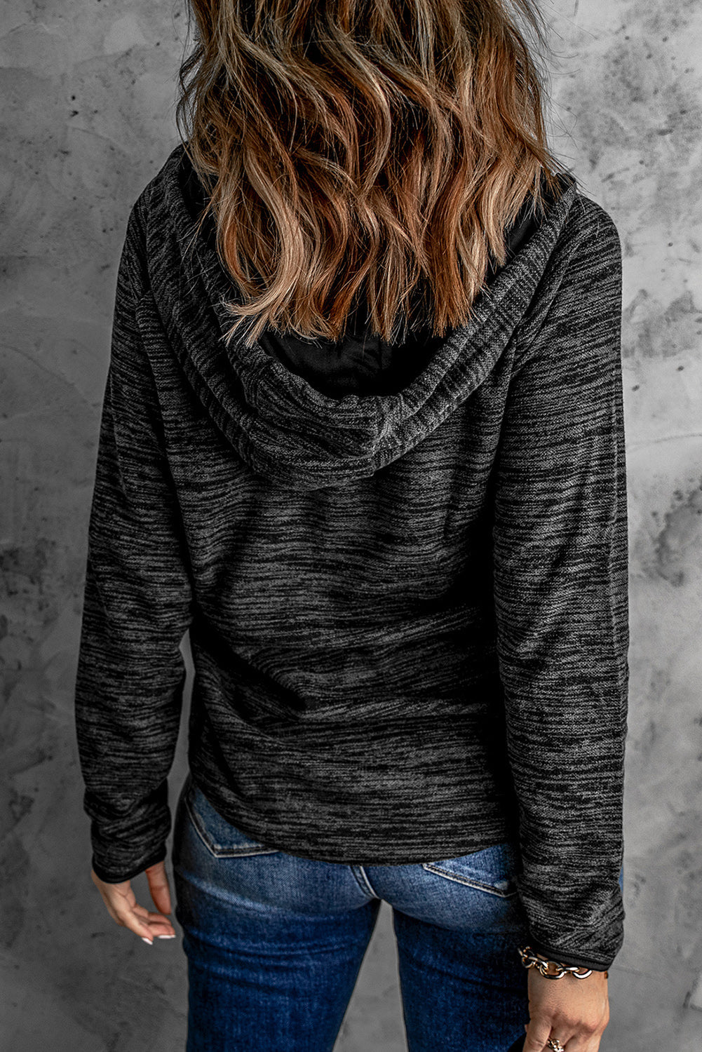Women's Hoodie with Pullover Women's Black Heathered Print Button Snap Neck
