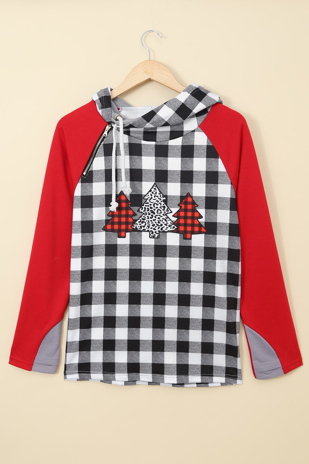 Women's Hoodie with Asymmetric Zip Red Christmas Tree Plaid Pattern