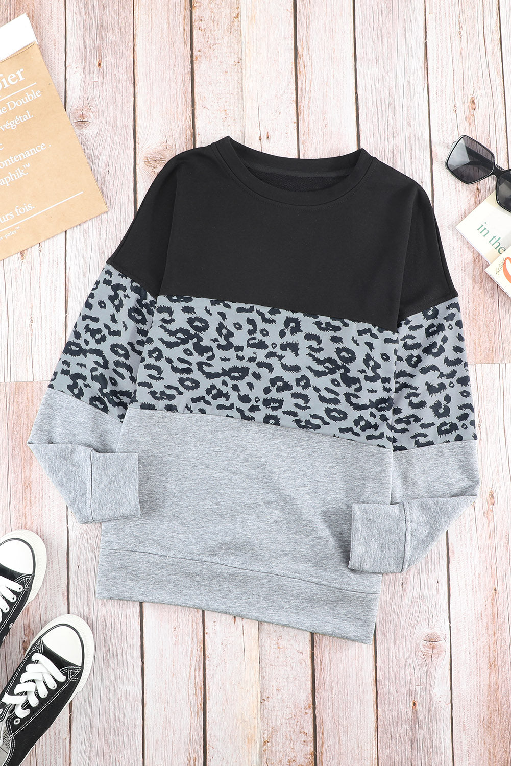 Women's Gray Color-Block Leopard-Print Sweatshirt