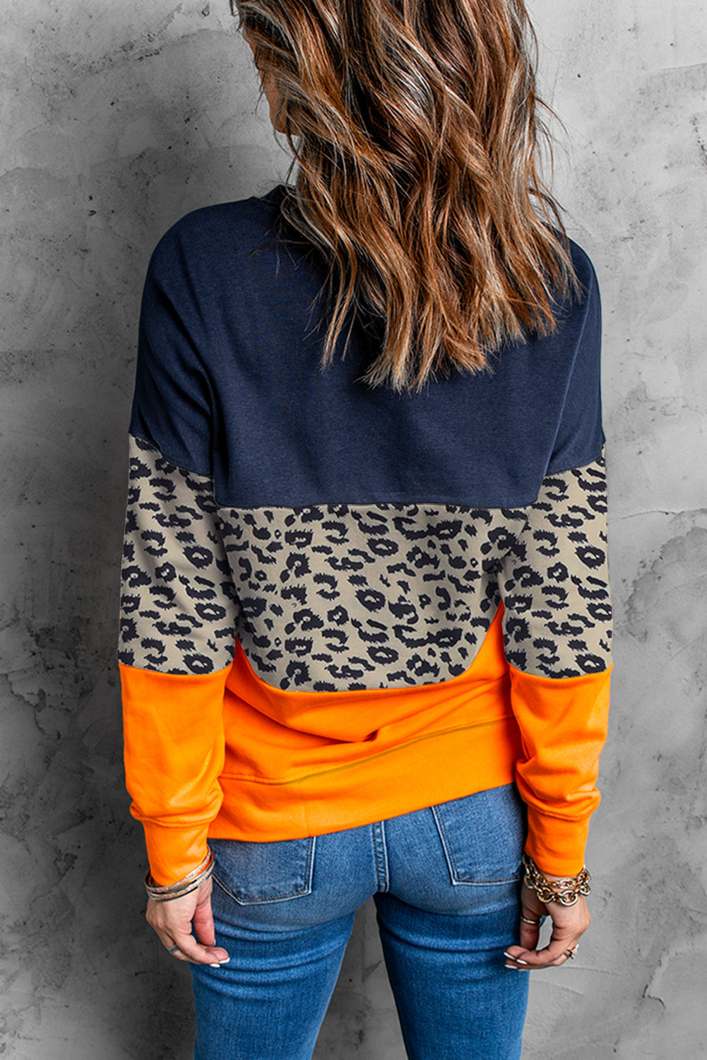 Women's Sweatshirt Featuring Blue Leopard-Print Color-Block