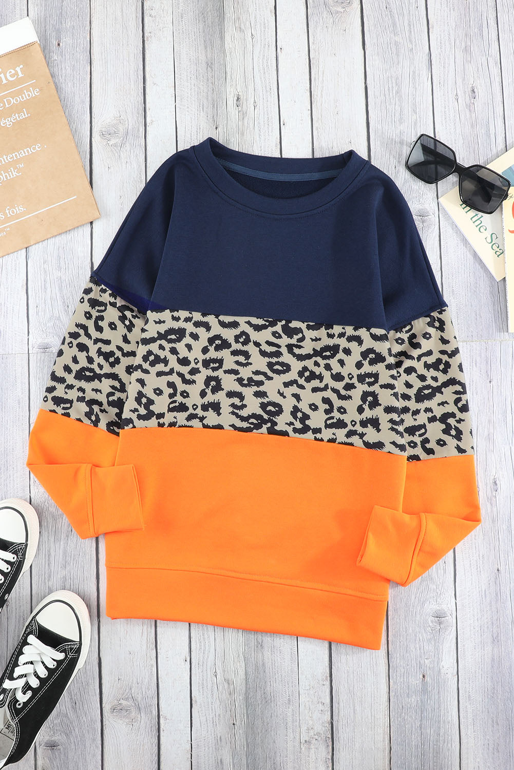 Women's Sweatshirt Featuring Blue Leopard-Print Color-Block