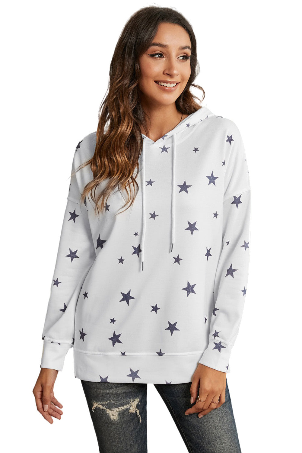 Women's Star Print Women's Side Slits White Hoodie