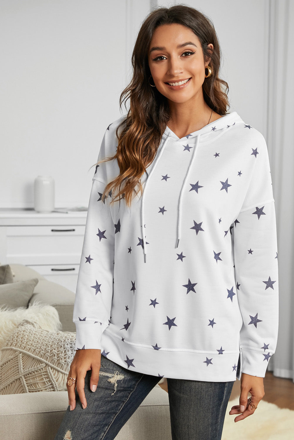 Women's Star Print Women's Side Slits White Hoodie